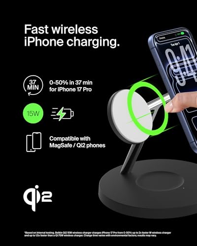 Belkin Qi2 15W Wireless Charging Station, 3 in 1 iPhone Charger | Fast Charging, MagSafe Compatible, iPhone 17/16/15, Apple Watch, AirPods, Travel Charger, Magnetic - color: Black, style: Matte Finish