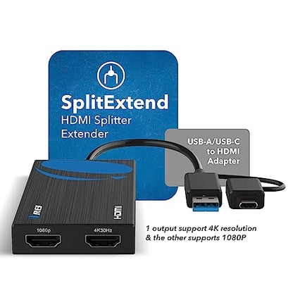 OREI SplitExtend HDMI Splitter Extended Display for Dual Monitor - 4K@30Hz | OREI SplitExtend HDMI Splitter Extended Display for Dual Monitor - USB A & USB-C Adapter to HDMI 2.0, Up to 4K@30Hz