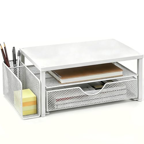 Spacrea Desk Organizer and Accessories, Computer Monitor Stand Riser with Drawer and 1 Open Pen Holder, Printer & Laptop Stand, Office Desk Accessories for Home Office Supplies (White) - color: White - Metal Drawer