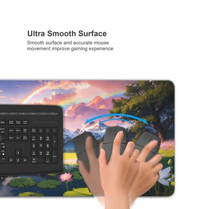 XXL Gaming Mouse Pad 35.4x15.7 inch, Beautiful Lotus Rainbow Landscape Theme Desk Mat, Mountain Flower Elegant Girly Scene Large Mousepad,Fantasy Artistic Keyboard Mouse Mat (Lotus Rainbow) - color: Lotus Rainbow