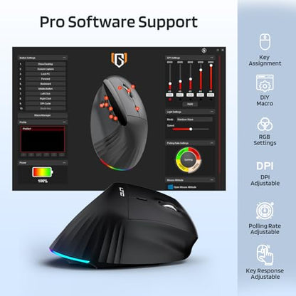 LTC GM051 Wireless Vertical Ergonomic Mouse – 8K DPI Optical, 9 Programmable Buttons (5 Side), Rechargeable 850mAh, Multi-Device Bluetooth/2.4G for Mac, PC, Laptop & Desktop – Black
