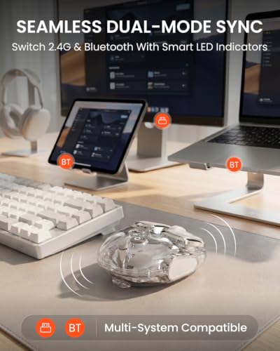 SEUNKWANG Q9 Transparent Wireless Mouse with RGB Lighting, Compact Multi-Device Bluetooth & 2.4G Computer Mouse, Rechargeable, Quiet Clicks, 4800 DPI Cute Mice for Laptop, PC, Mac, iPad - Silver - color: Silver