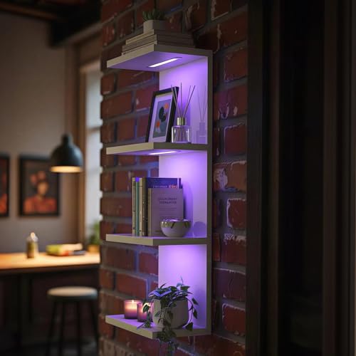 4 Tier RGB Wall Shelf, White | Gaming Shelf with Remote Control,Lack Shelves with Light for Bedroom, Easy to Install Cosmetic& Display Modern Shelf - color: 4r-white