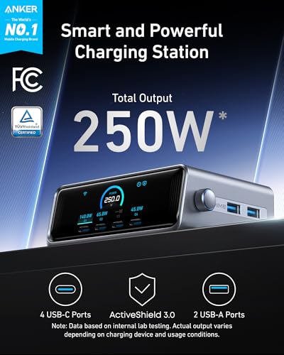 Anker Prime Charging Station, 250W 6-Port GaN USB C Charger, 2.26" LCD Smart Display Control, Compatible with iPhone, Galaxy, MacBook, Dell for Home Office, Gaming Desk Accessories