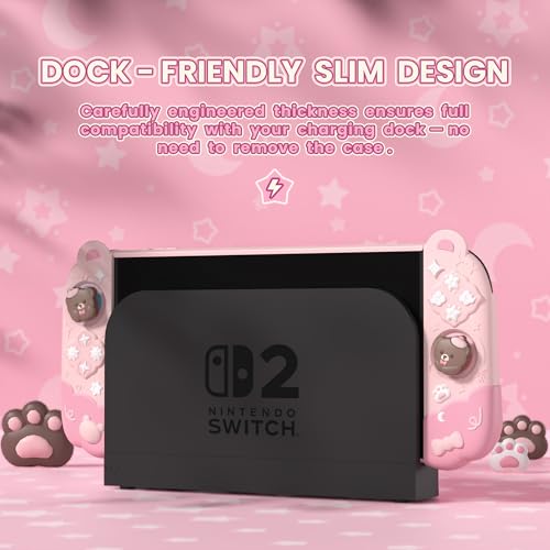PlayVital Good Night Bear Dockable Case for Nintendo Switch 2 with Stand | Split Design Silicone Joycon Grips, PC Console Hard Shell, 2 Joystick Caps | Cute Protective Cover Bundle – Pink - color: Pink
