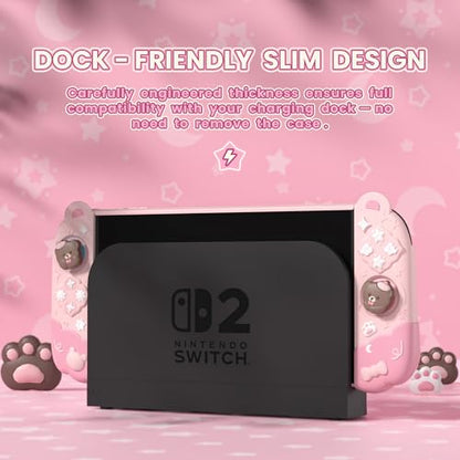PlayVital Good Night Bear Dockable Case for Nintendo Switch 2 with Stand | Split Design Silicone Joycon Grips, PC Console Hard Shell, 2 Joystick Caps | Cute Protective Cover Bundle – Pink - color: Pink