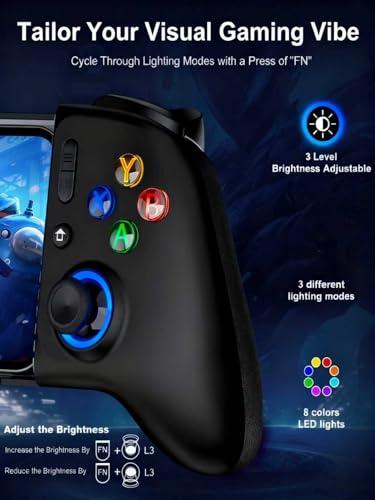 Wireless Mobile Gaming Controller, Phone Controller for iPhone/Android, Hall Joystick/Trigger, Bluetooth Handheld Gaming Controller with Programmable, No Dead Zone, Adjustable Light/Turbo, for Xbox Cloud, Steam Link