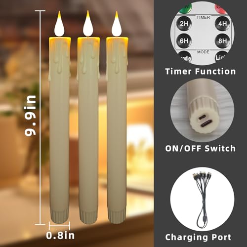 9.9-Inch Rechargeable Flameless Taper Candles, 60+ Hours Runtime, Remote & Timer, Flickering LED, Safe for Home & Events 6-Pack, Ivory, Plastic - color: Taper Candles - Ivory