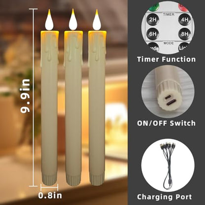 9.9-Inch Rechargeable Flameless Taper Candles, 60+ Hours Runtime, Remote & Timer, Flickering LED, Safe for Home & Events 6-Pack, Ivory, Plastic - color: Taper Candles - Ivory