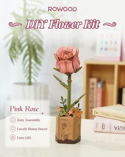 rowood Artifical Flower,Wood Flower Building Toy Set,Mother's Day/Valentine's Day/Teacher's Day/Thanksgiving Day/Christmas/Birthday Gift for Mom/Women/Grandma/Wife/Her-Pink Rose, TW041 - style: Pink Rose
