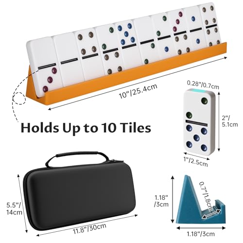 Double 6 Dominoes Set for Adults, 28 Tiles, Board Game, Case | Anti-Slip 4 Silicone Holders Fit Various Domino Sizes, Portable Case, Travel Ready Gift For Friends, Family Game Nights - size: Large