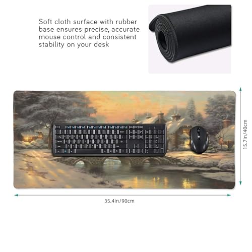 XXL Gaming Mouse Pad 35.4x15.7 inch, Christmas Art Rustic Landscape Theme Desk Mat, River Village Oil Painting Scene Large Mousepad，Fantasy Artistic Keyboard Mouse Mat (Northern Snowscape) - color: Northern Snowscape
