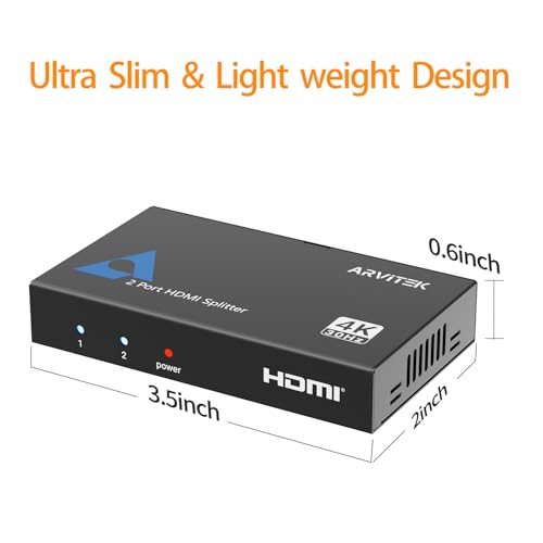 HDMI Splitter 1 in 2 Out, Arvitek 2 Port HDMI Splitter for Dual Monitors, TV, Laptop, Xbox, PS4, 4K@30Hz, Metal Housing, Mirror Only - size: 1x2