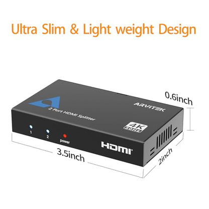 HDMI Splitter 1 in 2 Out, Arvitek 2 Port HDMI Splitter for Dual Monitors, TV, Laptop, Xbox, PS4, 4K@30Hz, Metal Housing, Mirror Only - size: 1x2