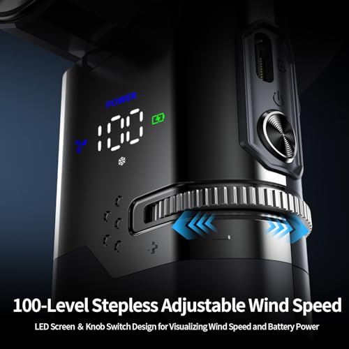 Portable Rechargeable Handheld Turbo Fan,9000mAh Multifunctional Cooling Fan with Ice Cooling ＆ Charging Function,Built-in Type-C Charging Cable & LED Display,100-Speed Wind,Suitable for Travel/Office