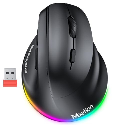 MEETION Ergonomic Wireless Vertical Mouse, Rechargeable, Black | Bluetooth 5.2 + 3.0 and USB connectivity, RGB backlight, 4 DPI adjustment, compatible with Windows, Mac, Android, PC and iPad - color: Right Black