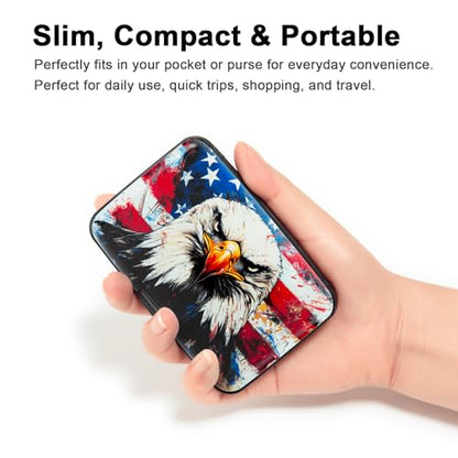 Credit Card Holder, Metal Card Wallet RFID Blocking Mini Slim Aluminum Business Hard Card Case for Women Men (Bald Eagle with American Flag) - color: Bald Eagle with American Flag