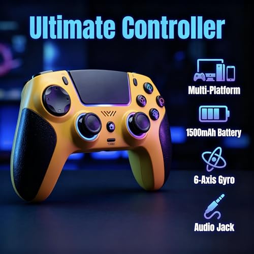 ThinTree Wireless Controller Compatible for PS-5/Pro/Slim/PC, Gradient Color RGB mode/haptic feedback/1000 mAH battery/Motion Sensing/3.5mm Audio Jack (Yellow) - color: Yellow