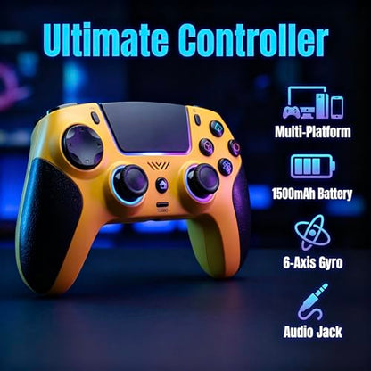ThinTree Wireless Controller Compatible for PS-5/Pro/Slim/PC, Gradient Color RGB mode/haptic feedback/1000 mAH battery/Motion Sensing/3.5mm Audio Jack (Yellow) - color: Yellow