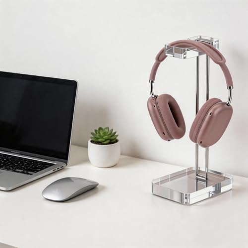 Acrylic Headphone Stand for Desk, Crystal Clear Headset Holder with Silver Metal Accent, Stable Non-Slip Base, Universal Gaming Headphone Hanger for PC Setup, Office & Home Desk Accessories - color: Silver