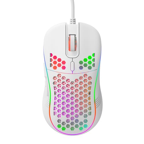 DC G40U Wired Gaming Mouse, RGB Honeycomb Ergonomic Design, 4 DPI Levels (1200/2400/4800/7200), Optical Sensor, Plug and Play, Compatible with PC, Mac, Tablet (White) - color: White