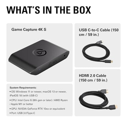Elgato 4K S Capture Card for PS5, Xbox Series X/S, Switch 2 | 4K60 capture, 1440p120 or 1080p240 passthrough, HDR10 support, Near-zero latency, USB-C, Analog audio input - style: 4K S