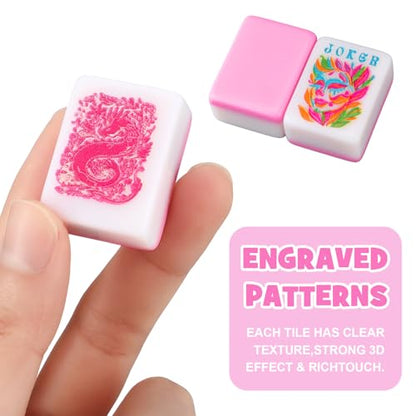 Ceenna Pink American Mahjong Set with Carrying Bag Complete Ma Jong Game | Set with 160 Tiles, Equipped 4 All-in-one Rack Pusher Noise Reducing Table Mat Plastic Mahjong Coins and Multi Storage Bags - color: Pink