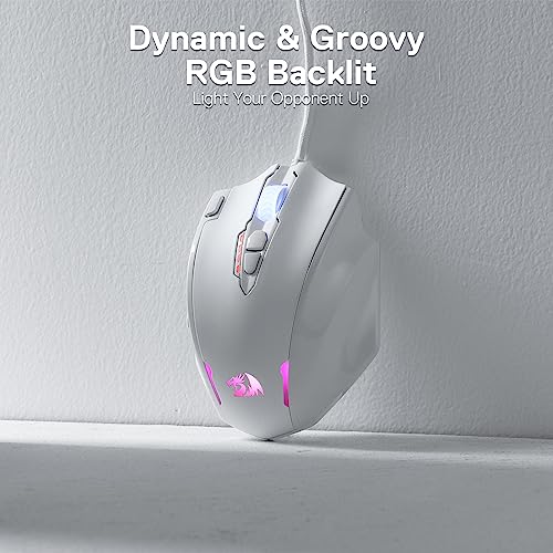 Redragon M908 Impact RGB LED MMO Gaming Mouse with 12 Side Buttons, Optical Wired Ergonomic Mouse with Max 12,400DPI, High Precision, 18 Programmable Macro Shortcuts, Comfort Grip, White | Stable Lag-Free Connection, Redefine Keybinding Macro, Vibing Back