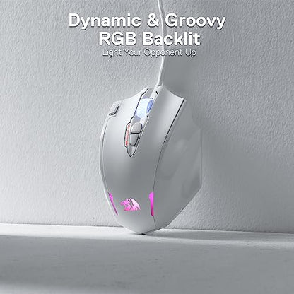 Redragon M908 Impact RGB LED MMO Gaming Mouse with 12 Side Buttons, Optical Wired Ergonomic Mouse with Max 12,400DPI, High Precision, 18 Programmable Macro Shortcuts, Comfort Grip, White | Stable Lag-Free Connection, Redefine Keybinding Macro, Vibing Back