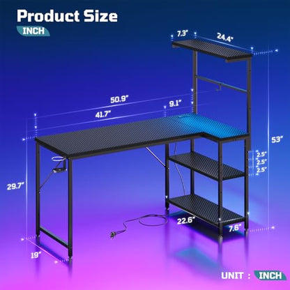 52" L-Shaped Gaming Desk with Power Outlets LED Lights, Black | Reversible Design, LED Lights, 4-Tier Storage Shelves, Headphone Hook, Foldable Cup Holder, Computer Desk, Home Office - color: Black, size: 52 Inch