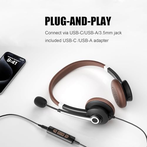 Arama USB Headset with Mic for PC, USB-C/A & 3.5mm Jack | Noise-canceling mic, Plug-and-play,Comfortable lightweight design, Stereo sound，Wide compatibility with pc/phones/tablets