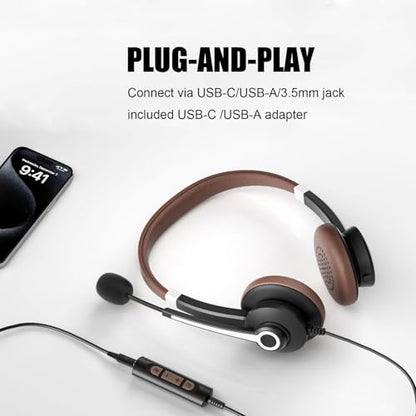 Arama USB Headset with Mic for PC, USB-C/A & 3.5mm Jack | Noise-canceling mic, Plug-and-play,Comfortable lightweight design, Stereo sound，Wide compatibility with pc/phones/tablets