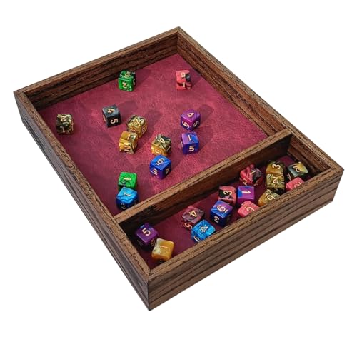Oak Wooden Dice Tray with Storage Area (Dice Box Gift for Dungeon Master, for Board Games and RPGs) (Brown/Ruby) - color: Brown / Ruby