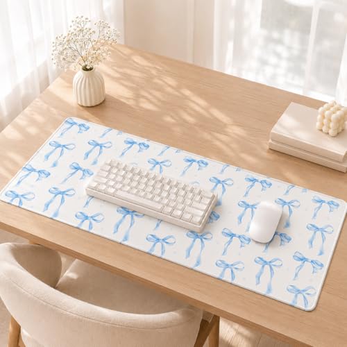 Blue Bow Desk Mat 35.4x15.7 Inch, Large Extended Mouse Pad with Coquette Bow Pattern, Non-Slip Waterproof Desk Pad for Home Office, Study & Aesthetic Setup (Blue Bow) - color: Blue Bow