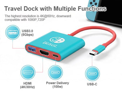Switch Dock, Portable TV Docking Station Compatible with Steam Deck/ROG Ally/Legion GO, 3-in-1 Switch Travel Dock with HDMI 4K@60Hz, 100W Charge PD Port and USB 3.0
