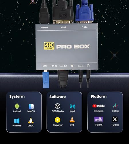4K DVI Video Capture Card, VGA Video Capture, 4K60 DVI to USB 1080P60 Video Capture with HDMI Loopout Compatible with Windows, Linux, Android and MAC OS