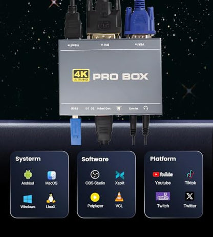4K DVI Video Capture Card, VGA Video Capture, 4K60 DVI to USB 1080P60 Video Capture with HDMI Loopout Compatible with Windows, Linux, Android and MAC OS
