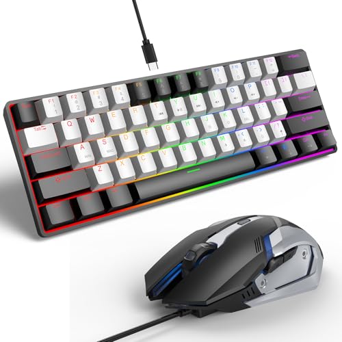 Portable 60% Mechanical Gaming Keyboard, RGB Backlit 61 Keys Ultra-Compact Game Keyboard with Mouse, Mini Wired Computer Keyboard with Red Switch for Windows, MAC, Laptop, PC - color: Black+White+Mouse