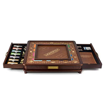 WS Game Company Monopoly Luxury Edition Wooden Board Game Set, 2-6 Players | Luxurious Wood Cabinet, Gold Foil Stamped Game Board, Faux Leather Rolling Area, 2 Storage Drawers, for Collectors and Adults