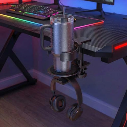 3 in 1 Desk Cup Holder & Headphone Hanger, 360° Rotating Under-Desk Hook, Aviation-Grade Aluminum Clamp-On for Gaming Desks, Workbenches, Shelves & Camping Chair Armrests, Fits Large 40oz Tumblers