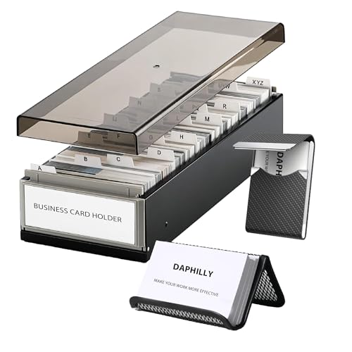 Business Card Holder with A-Z Tabs, Metal Organizer Box Stores 800 Cards | Stores Up to 800 Business Cards With A-Z Tabs, Metal Structure And Desk Organizer Design for Office Use.