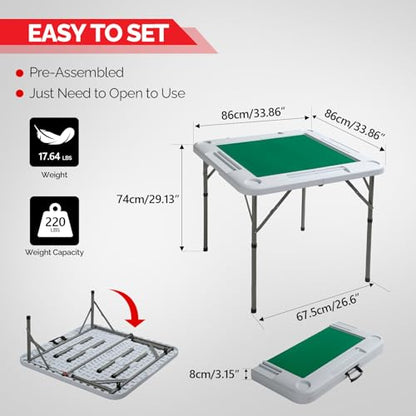 PEXMOR 34" Foldable Mahjong Table Portable, 4 Player Card Game Table w/Cup Holders & Chip Grooves, Tabletop Foldable, Poker Board Game Domino Table for Blackjack, Texas Hold'em (White) - color: White