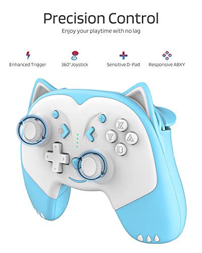 KINVOCA Wireless Controller for Nintendo Switch/Switch Lite, Cute Pro Controller with Turbo, Motion, Vibration, Wake-Up, Headphone Jack and Breathing Light - Blue