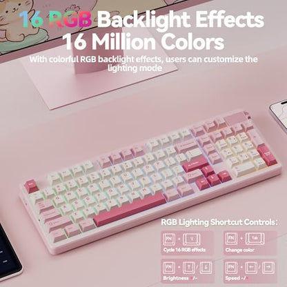 LEOBOG A98 Wireless Mechanical Keyboard, Tri-Mode BT5.0/2.4GHz/USB-C, Creamy Keyboard with Number Pad, Gasket Structure Hot Swappable, PBT Keycaps, RGB Backlit Pink Gaming Keyboard with Knob for PC - color: Creamy&Pink