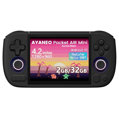 AKNES AYANEO Pocket AIR Mini Retro Handheld Game Console, 2G+32G | 4.2" 500 Nits HD Screen (1280x960 LCD, 60Hz), Android 11 Gaming System with Helio G90T, Hall Joystick & Trigger, Aurora Black - color: Aurora Black