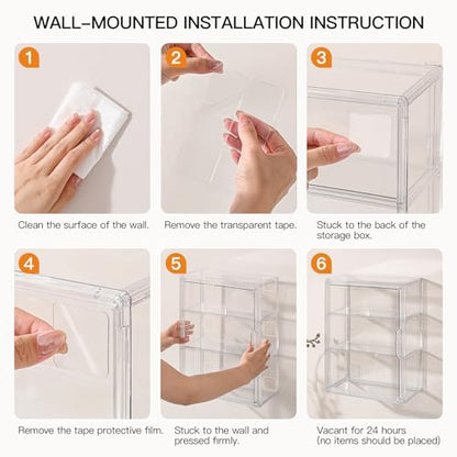 3 Tier Clear Display Case for Figures, Wall-Mounted Acrylic Storage Organizer Box, Stackable Display Cabinet with Magnetic Door & Removable Shelves, Showcase for Collectibles, Figures