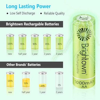 Brightown 8 Pack AA 1000mAh and 4 Pack AAA 800mAh Rechargeable Batteries Combo - 1.2V NiMH High Capacity Battery - Ideal for Solar Lights & Home Devices, Recharge up to 1000x Times, Pre-Charged - size: 8PC AA 1000mAh + 4PC AAA 800mAh