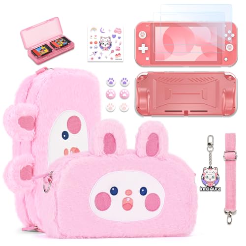 innoAura Switch Lite Case 14-in-1 Accessories Bundle for NS Switch Lite (2019), with Protective Carrying Case, Game Holder, Screen Protector & Cute Thumb Grips, Pink Rabbit Plush Bag - color: Rabbit, size: for Switch Lite (2019)