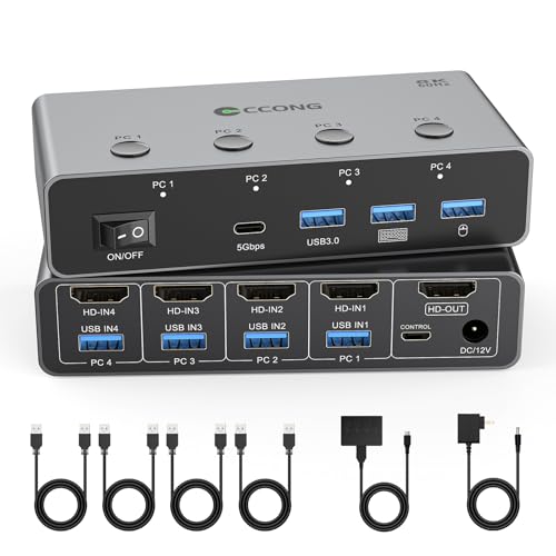 8K@60Hz HDMI KVM Switch 1 Monitor 4 Computers KVM Switches | 4 Port with 3 USB 3.0 and 1 USB C Ports Share Keyboard Mouse Hard Drives Printer with 4 USB Cables and Desktop Controller - color: Gray, size: 14.2 cm
