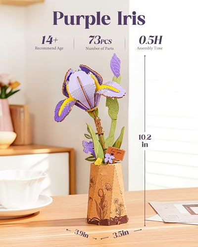 3D Flower Wooden Puzzles for Adults-Purple Iris, DIY Wooden Flowers Model Kit Building Set Crafts Birthday Gifts, Artificial Botanical Collection Creative Gift Ideas/Housewarming Display(73PCS) - style: TW - Purple Iris